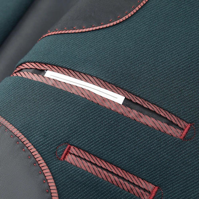 Men's Korean Style Slim Fit Suit Dark Green For Business close-up of corduroy linen jacket pocket stitching and tailored buttonholes
