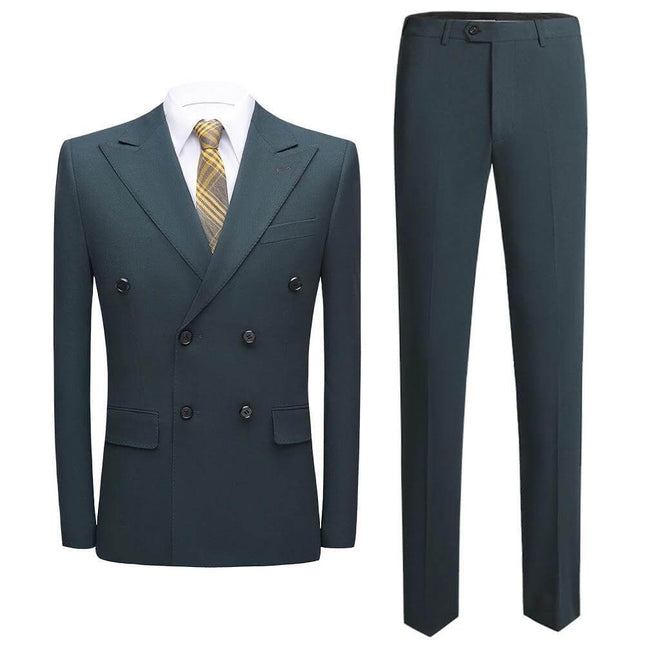 Men's Korean Style Slim Fit Suit Dark Green For Business - double-breasted corduroy-texture jacket with tailored shoulders and matching slim pants for meetings