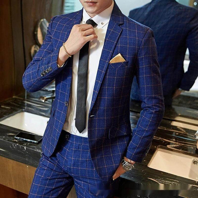 Men's Korean-Style Slim-Fit Plaid Suit For Weddings Blue modeled with white shirt, black tie and pocket square for wedding or formal events