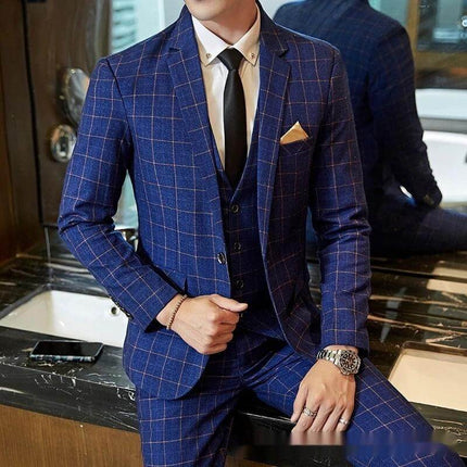 Men's Korean-Style Slim-Fit Plaid Suit For Weddings Blue - groom wearing slim-fit blue plaid suit with white shirt, black tie and pocket square