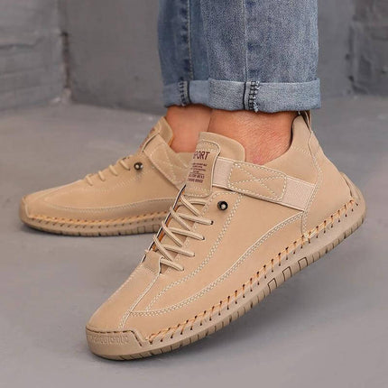 Leather Low Top Casual Boots For Outdoor Wear Wide Sizes beige low-top casual outdoor boots with buckle and stitched rubber sole