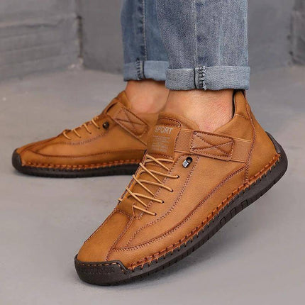 Leather Low Top Casual Boots For Outdoor Wear Wide Sizes - tan low-top leather casual boots with stitched rubber outsole, buckle detail for city walks and commuting