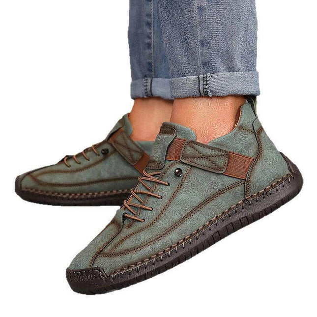 Leather Low Top Casual Boots For Outdoor Wear Wide Sizes - green low-top leather casual boots with buckle and stitched rubber outsole for city walks