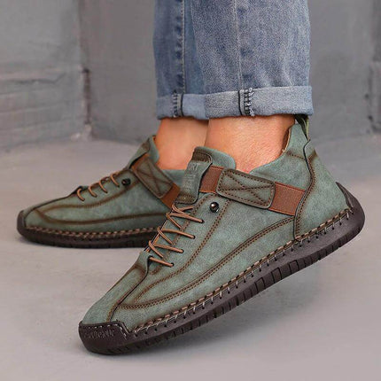 Leather Low Top Casual Boots For Outdoor Wear Wide Sizes - green stitched low-top leather casual boots with buckle and rubber outsole for city walks