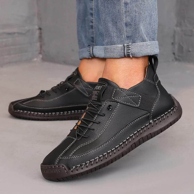 Leather Low Top Casual Boots For Outdoor Wear Wide Sizes - black stitched low-top casual outdoor boots with buckle detailing and rubber outsole
