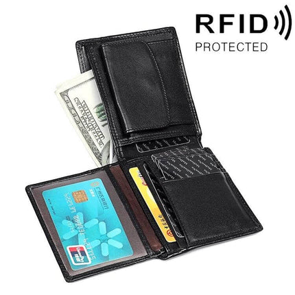 Leather RFID Wallet Clutch For Men With Card Slots Everyday Carry black full-grain cowhide RFID-protected wallet showing cards and cash