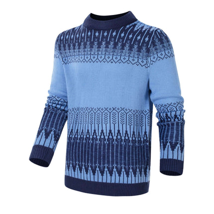 Men's Knitted Long-Sleeve Pullover Sweater For Casual Fall Wear in blue patterned knit with crew neck and ribbed cuffs
