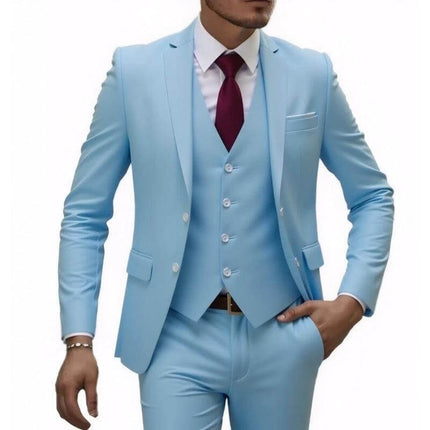 Men's Business Casual Slim Fit Suit For Wedding Parties in light blue three-piece set with burgundy tie, wrinkle-resistant polyester blend