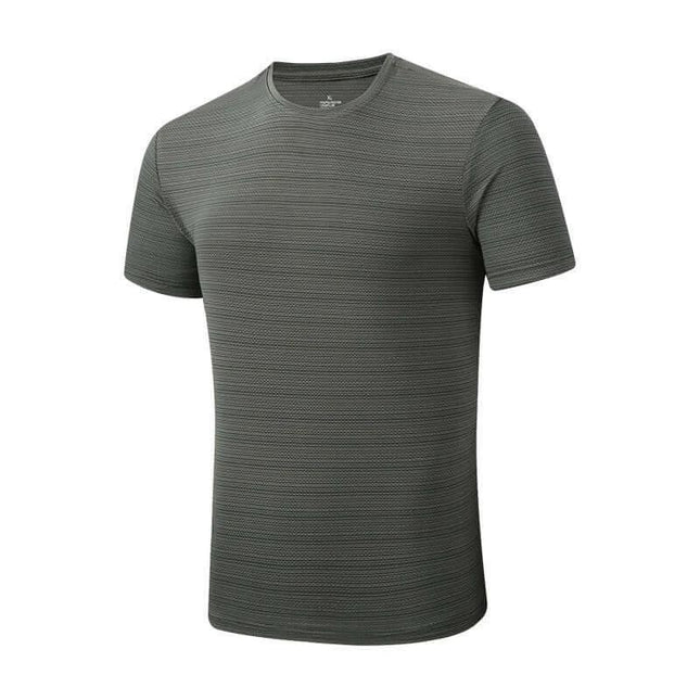 Alt Tag: Mens Lightweight Short Sleeve Running Jacket For Summer – olive-gray breathable polyester blend top with round collarless neckline and stripe texture
