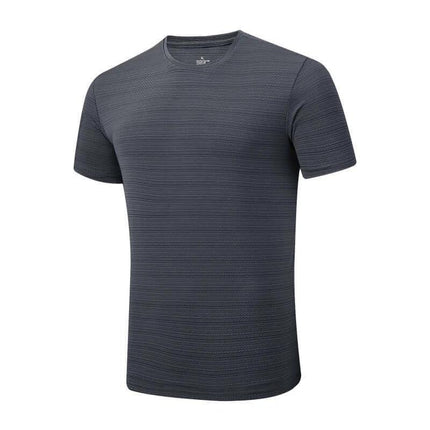 Mens Lightweight Short Sleeve Running Jacket For Summer - breathable grey stripe polyester blend tee, round collarless neckline, quick-dry training top