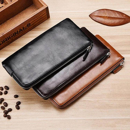Men's Long Leather Wallet With Zipper Phone Bag Black slim leather long wallet with zip phone pocket, holds cards cash coins for daily carry, 10.5x22x1 cm