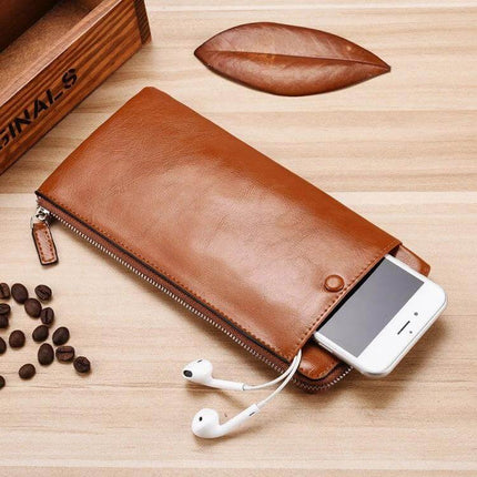 Men's Long Leather Wallet With Zipper Phone Bag Black - slim brown leather phone wallet with zipper, card pockets, cash slot and earphones