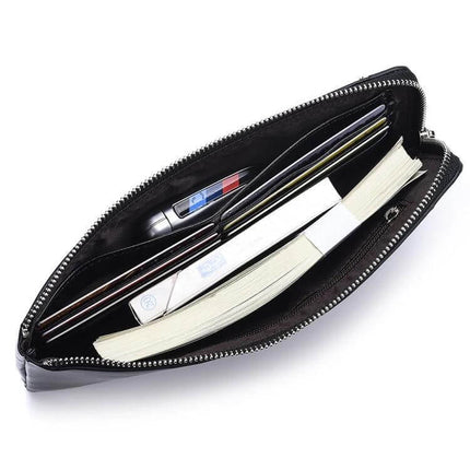Men's Long Leather Wallet With Zipper Phone Bag Black slim black leather wallet holding phone, cash, cards, and coin pocket for daily carry, commuting