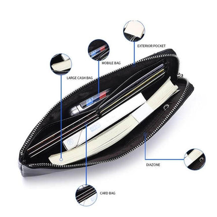Men's Long Leather Wallet With Zipper Phone Bag Black - slim black leather wallet with zipper, phone slot, card pockets, cash compartment, travel carry