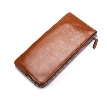 Men's Long Leather Wallet With Zipper Phone Bag Black slim brown leather zip wallet for cards cash and phone, daily carry, 10.5x22x1 cm