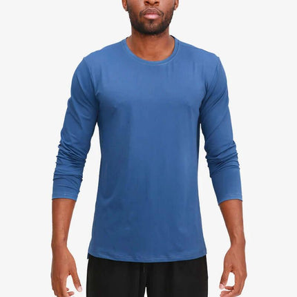 Long Sleeve Running T Shirt In Milk Silk Quick Dry For Training - blue men's long sleeve training tee, lightweight milk silk, moisture-wicking
