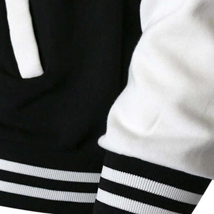 Men's Loose Fit Baseball Jacket For Everyday Casual Wear - close-up black and white cotton jacket cuff and hem with striped ribbing