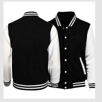 Men's Loose Fit Baseball Jacket For Everyday Casual Wear - black cotton varsity style with white sleeves, round collar, relaxed silhouette