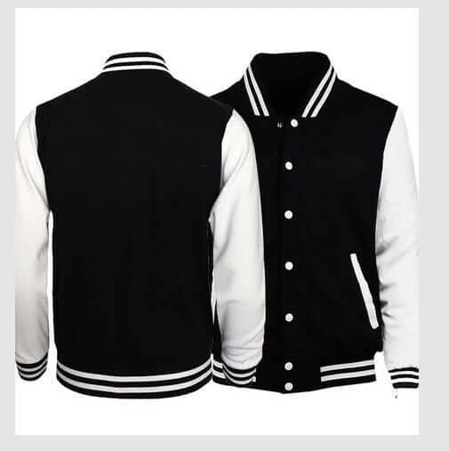 Men's Loose Fit Baseball Jacket For Everyday Casual Wear black and white cotton varsity jacket front and back view