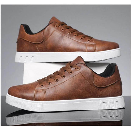 Men's Low-Top Lace Up Casual Shoes For Everyday Wear brown PU leather low-top lace-up sneakers with white sole, breathable mesh lining