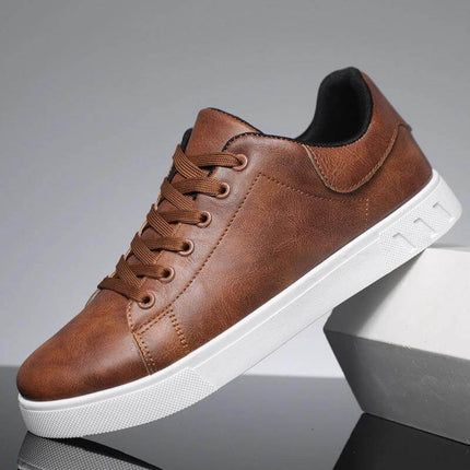 Men's Low-Top Lace Up Casual Shoes For Everyday Wear brown PU lace-up sneaker with white sole, breathable mesh lining and casual styling