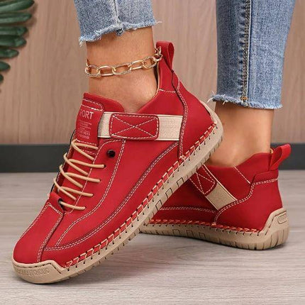 Mens Mid Top Casual Shoes Breathable Outdoor Comfort red cowhide mid-top lace-up shoes with visible sewn rubber sole for daily wear