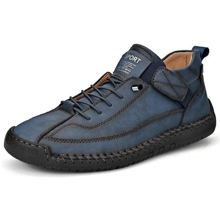 Mens Mid Top Casual Shoes Breathable Outdoor Comfort blue cowhide mid-top lace-up shoe with sewn rubber sole for daily outdoor wear