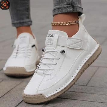 Mens Mid Top Casual Shoes Breathable Outdoor Comfort white cowhide mid-top lace-up shoe with sewn rubber sole for daily outdoor use