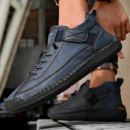 Mens Mid Top Casual Shoes Breathable Outdoor Comfort navy cowhide mid-top lace-up shoes with sewn rubber sole for daily outdoor wear