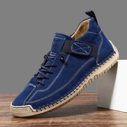 Mens Mid Top Casual Shoes Breathable Outdoor Comfort blue cowhide mid-top lace-up shoes with sewn rubber sole for everyday outdoor wear