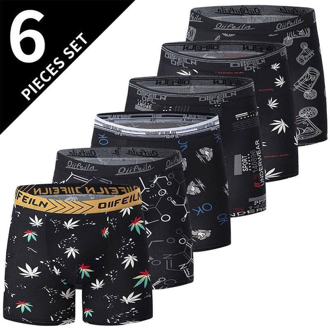 Men's Mid-Waist Printed Underwear 6-Pack Set Plus Size - six assorted mid-rise breathable printed boxer briefs for plus-size daily comfort