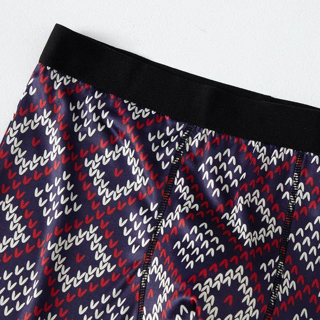 Men's Mid-Waist Printed Underwear 6-Pack Set Plus Size navy red heart-pattern mid-rise breathable knitted fabric close-up