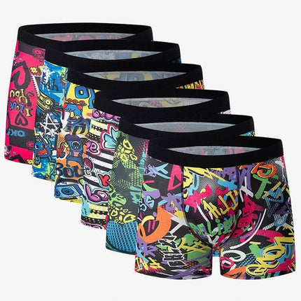 Men's Mid-Waist Printed Underwear 6-Pack Set Plus Size - colorful assorted printed mid-rise breathable cotton blend trunks for plus-size men