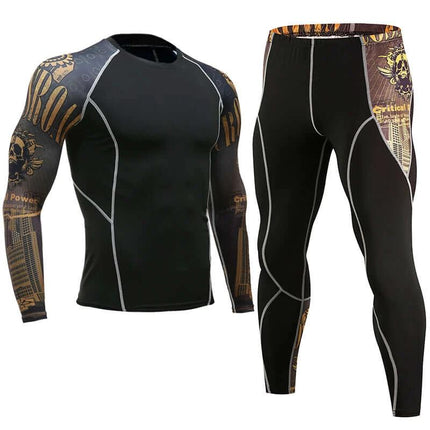 Sportswear Milk Silk Quick-Dry Running Suit For Everyday Use - black compression long-sleeve top and leggings with gold graphic panels
