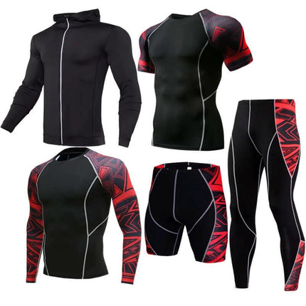 Sportswear Milk Silk Quick-Dry Running Suit For Everyday Use - black & red lightweight moisture-wicking set with hoodie, short sleeve top, long sleeve top, shorts, and leggings