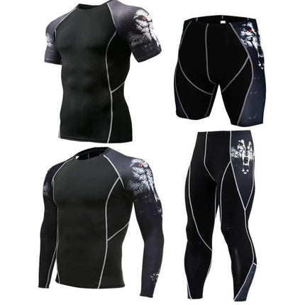 Sportswear Milk Silk Quick-Dry Running Suit For Everyday Use - black compression set with short sleeve, long sleeve, shorts and leggings, breathable, moisture-wicking