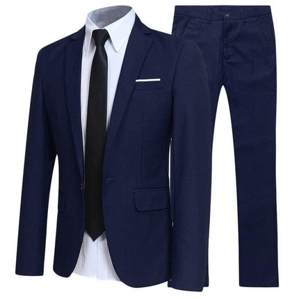 Men's 3-Piece Suit for Wedding and Business Events - navy jacket, pants and white shirt set with black tie, polyester formal ensemble
