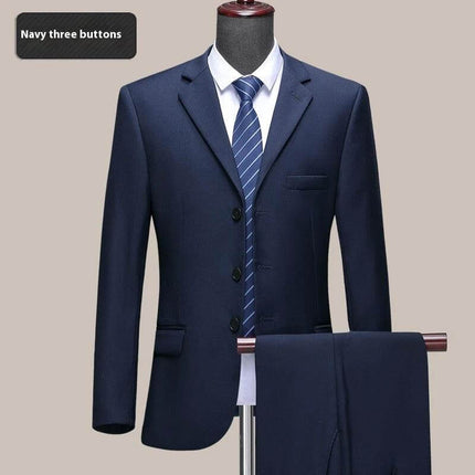Men's Formal Wedding Suit Jacket Two Button Navy Blue tailored straight-fit wool jacket with matching trousers on mannequin