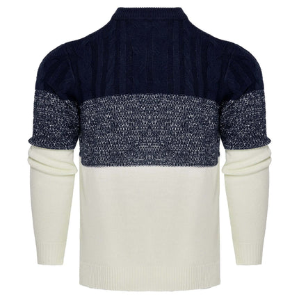 Men's Knitted Long-Sleeve Pullover Sweater For Casual Fall Wear - navy and cream colorblock knit with ribbed cuffs and crew neckline
