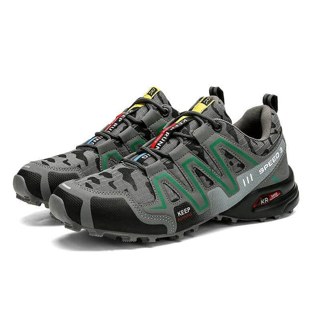 Men's Hiking Shoes With Safety Toe And Non Slip Trekking Sneakers grey nubuck camo low-profile breathable lining reinforced toe non-slip outsole