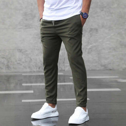 Men's Casual Drawstring Trousers With Pockets Slim Fit For Everyday Wear - olive slim straight cut with pockets, mid-waist drawstring