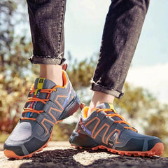 Mens Outdoor Sneakers Non Slip Casual All Season Shoes - low-cut grey and orange non-slip sneakers for city walking, light trails and commuting