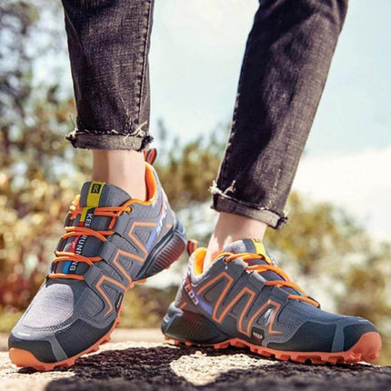 Mens Outdoor Sneakers Non Slip Casual All Season Shoes - low-cut grey and orange non-slip sneakers for city walking, light trails and commuting