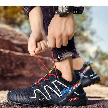 Mens Outdoor Sneakers Non Slip Casual All Season Shoes - black low-cut non-slip walking sneakers with red laces for city walking and light trails