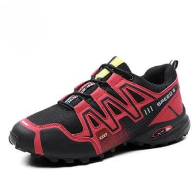 Mens Outdoor Sneakers Non Slip Casual All Season Shoes red black low-cut hiking-style sneaker with non-slip outsole for city walking and light trails