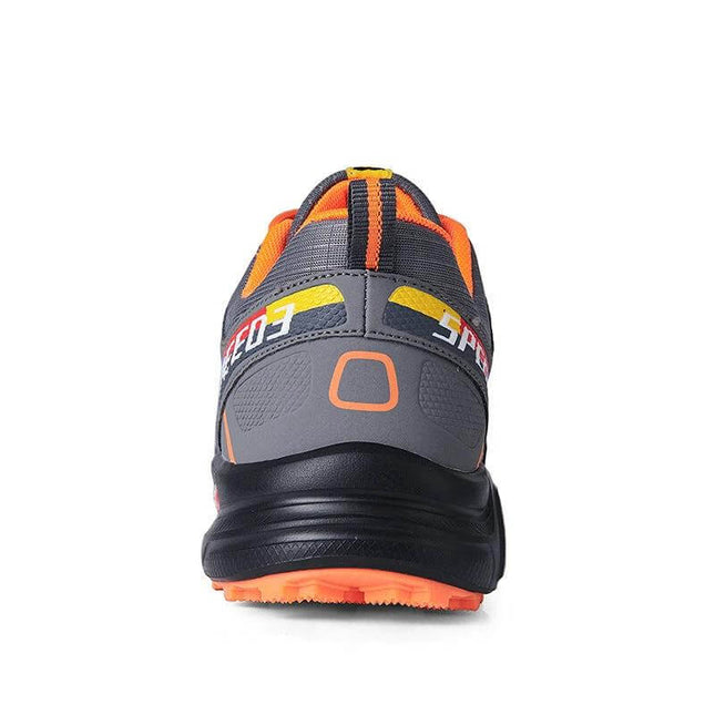 Mens Outdoor Sneakers Non Slip Casual All Season Shoes - rear view of gray and orange low-cut sneaker with non-slip outsole for city walking and light trails