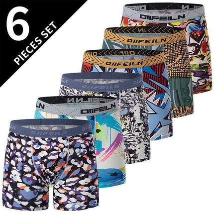 Men's Mid-Waist Printed Underwear 6-Pack Set Plus Size - assorted printed breathable mid-rise boxer briefs, 6 pieces per pack