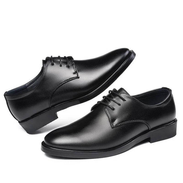 Men's Pointed Dress Shoes For Wedding And Business In Black – black microfiber pointed toe dress shoes with low wedge heel for office and weddings