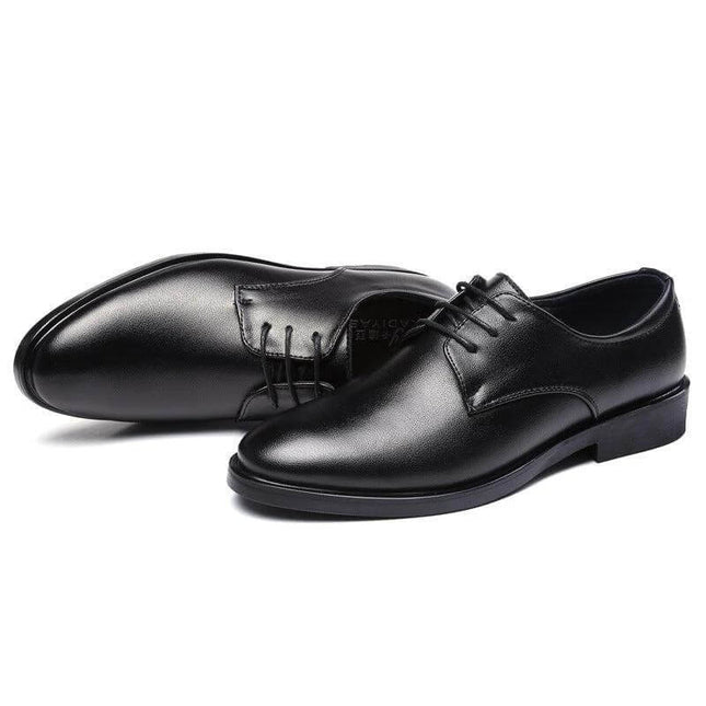 Men's Pointed Dress Shoes For Wedding And Business In Black - black microfiber pointed oxford with low wedge heel for office, meetings, weddings