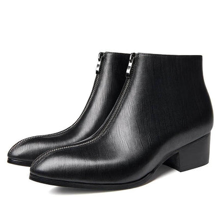 Men's Pointed Toe Leather Zipper Boots For Street And Office — black cowhide low-shaft ankle boots with front zipper and 3–5 cm mid heel